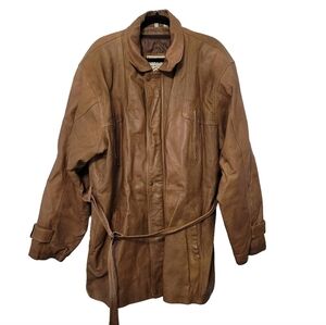 Wilda Men's Genuine Leather Coat Size L Caramel Brown Mid Length Vintage *Read*